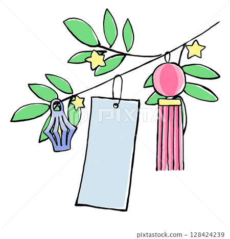 七夕裝飾與七夕竹葉特寫插畫 128424239