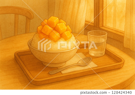 Mango Bingsu Served in Cafe by Window Mango Bingsu Served in Cafe by Window 128424340