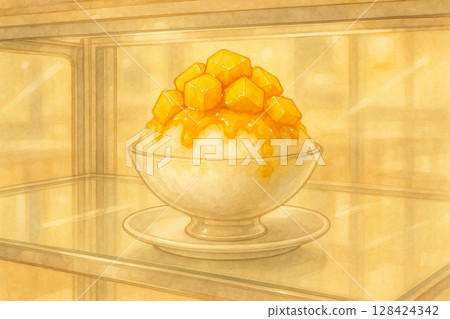 Mango Shaved Ice Displayed in Glass Showcase Mango Shaved Ice Displayed in Glass Showcase 128424342