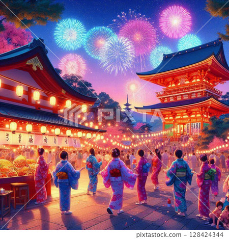 日本夏季節慶和煙火表演的場景 日本夏季節慶和煙火表演的場景 128424344