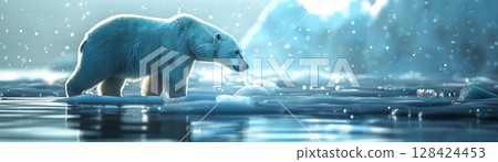 Polar bear in icy wilderness, focus on, copy space, frosty arctic colors, Double exposure silhouette with ice formations 128424453