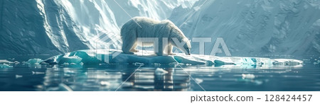 Polar bear standing on iceberg edge, close up, focus on, bright icy landscape, Double exposure silhouette with glaciers 128424457