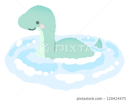 一隻可愛的尼斯湖水怪（面向前方）在湖中游泳的插圖 128424475