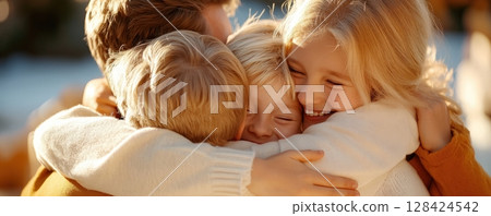 Heartwarming moment of a family sharing a loving group hug expressing their deep bond affection and cherished connection 128424542