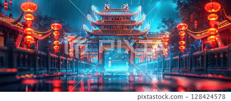A vibrant night scene with a traditional Chinese archway adorned with lanterns. 128424578