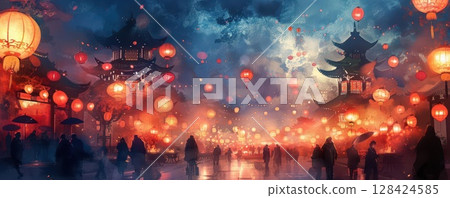 Night scene of a street lined with glowing red lanterns, people walking by. 128424585