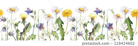 Watercolor seamless border with wildflowers, hand-painted. Botanical illustration. Dandelions, daisies, bluebells and green leaves on a white background. Seamless floral templates for invitations 128424602