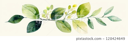 Minimalist watercolor leaf with soft olive and chartreuse tones, isolated on white background, simple and clean composition, fresh and light 128424649