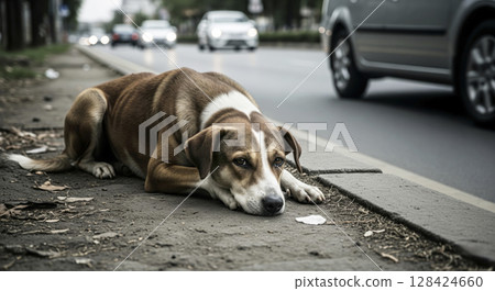 A lonely stray dog lies by a busy street. Life and survival of homeless dogs. 128424660