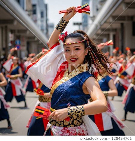 夜來節上，美女微笑著與鳴子跳舞 128424761