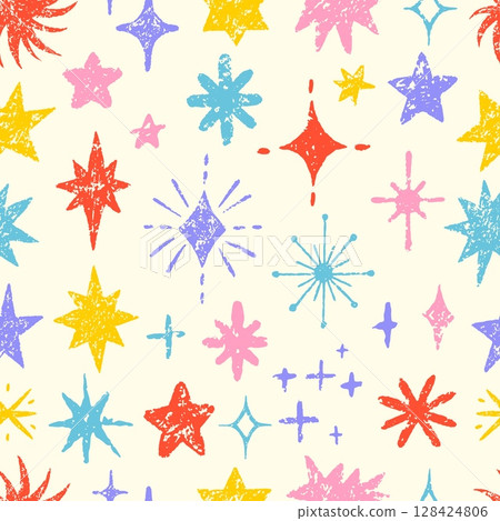 Pencil drawing stars pattern. Different crayon drawn star. Childish style print for fabric web site wrapping wallpaper. Space neoteric vector background 128424806