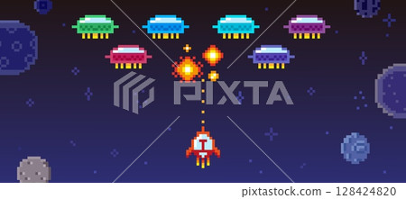 Pixel space arcade game. Spaceship shoots at colorful aliens, 8 bit style monsters, planets, fiery explosions. Retro style ufo, battle neoteric vector scene 128424820