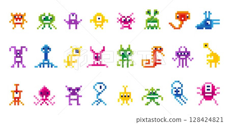 Pixel monsters. Arcade play characters, isolated neon colors space invaders. Vintage 8bit aliens, galaxy invader or virus, neoteric video game vector set 128424821