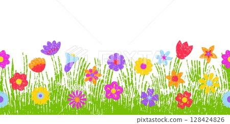 Crayon drawing meadow. Colored pencil green grass with blooming flowers, kids drawing style. Nature seamless pattern, garden neoteric vector design 128424826