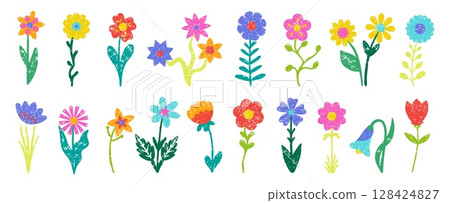 Kids crayon flowers drawing. Simple vibrant hand drawn flower with leaves. Isolated bouquet pencil draw, childish style abstract neoteric vector elements Kids crayon flowers drawing. Simple vibrant hand drawn flower with leaves. Isolated bouquet pencil draw, childish style abstract neoteric vector elements 128424827