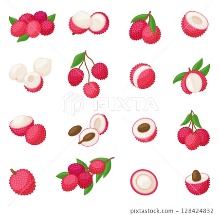 Cartoon lychee. Isolated fruits, lychee icons whole half and cut with bone. Exotic sweet vitamin food, raw ingredients for desserts, neoteric vector clipart 128424832