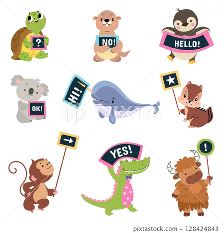Funny animal hold banner. Cartoon narwhal, crocodile, koala, turtle with positive banners. Isolated wild animals, adorable protesters nowaday vector clipart 128424843