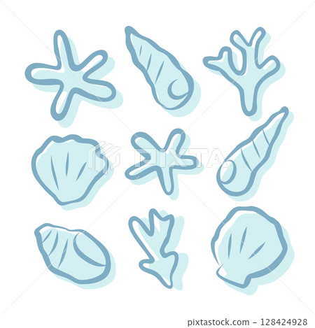 清新藍色的貝殼、珊瑚和海星插圖集 128424928