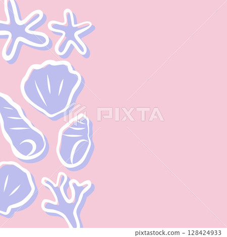 方形框架圖像，左側為熱帶粉紅色背景，帶有貝殼、珊瑚和海星 128424933