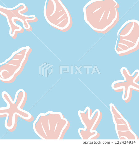 熱帶淺藍色背景上帶有貝殼、珊瑚和海星的方形框架圖像 熱帶淺藍色背景上帶有貝殼、珊瑚和海星的方形框架圖像 128424934