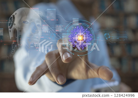 User concept using intelligent robot ai system. Chat with artificial intelligence. AI develops and creates future technology robots in the online world. Industry 5.0 User concept using intelligent robot ai system. Chat with artificial intelligence. AI develops and creates future technology robots in the online world. Industry 5.0 128424996