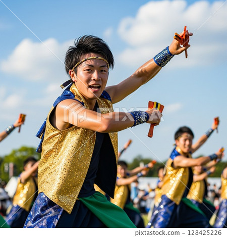 A young male dancer dancing vigorously with a Naruko at the Yosakoi Festival. Sweat flying and youthful energy, dancing with messy hair 128425226