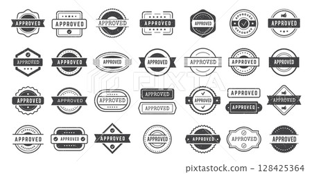 Approved stamp. Grunge textured badges collection for verification acceptance recent vector templates 128425364