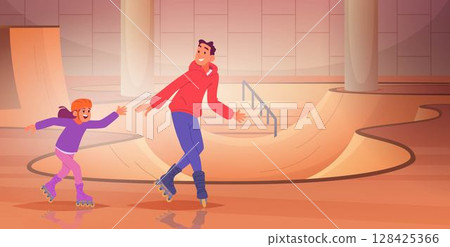 Roller skating park. Indoor sport special playground for skaters family with kids skating exact vector background in cartoon style 128425366