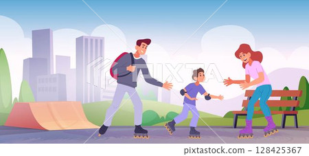 Roller skating park. Outdoor sport activity parents with kids skating in urban park exact vector cartoon background 128425367