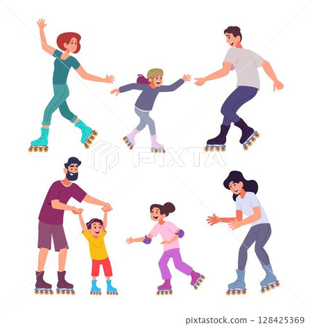 Family roller skating. Mother father kids with happy parents skating in action poses exact vector illustrations 128425369
