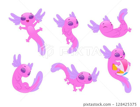 Axolotl. Pink amphibian cute character mascot in action poses exact vector isolated set 128425375