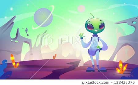 Alien. Space background with cute cartoon mascot space alien exact vector template Alien. Space background with cute cartoon mascot space alien exact vector template 128425376