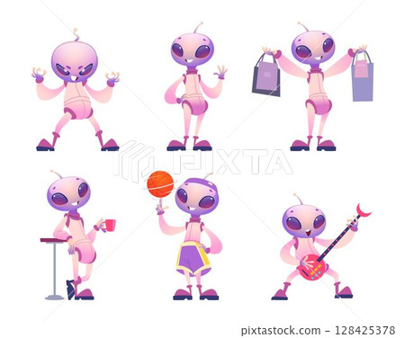 Alien character. Cute mascot in different poses exact vector cartoon alien 128425378