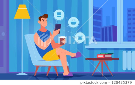 Online shopping. Digital buyers mobile phone app store e-commerce concept exact vector cartoon background Online shopping. Digital buyers mobile phone app store e-commerce concept exact vector cartoon background 128425379