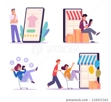 Online shopping. Male and female people in e-commerce conceptual illustration exact vector cartoon characters set Online shopping. Male and female people in e-commerce conceptual illustration exact vector cartoon characters set 128425381