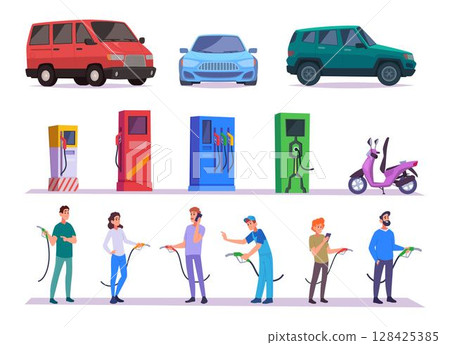 Gas station workers. Professional workers on fuel station exact vector person fill up cars Gas station workers. Professional workers on fuel station exact vector person fill up cars 128425385