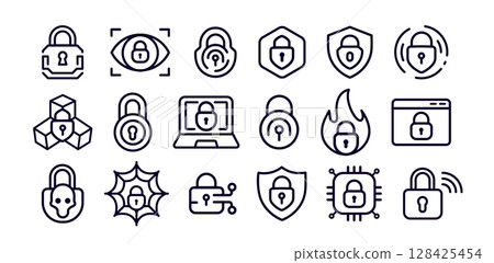 Cyber security lock icons set. Padlocks, shields, firewall and virus protection symbols for antivirus, access control, data privacy and encryption. Vector illustration. Cyber security lock icons set. Padlocks, shields, firewall and virus protection symbols for antivirus, access control, data privacy and encryption. Vector illustration. 128425454