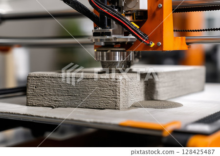A 3D printer prints a building block 128425487