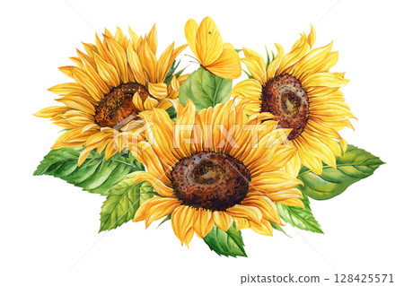 Sunflowers and yellow butterfly watercolor floral bouquet with green leaves summer composition for cards, posters, floral prints  128425571