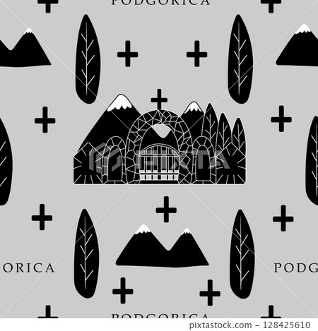 Podgorica city, black and white seamless pattern 128425610