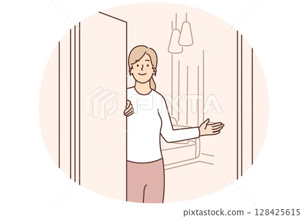 Girl realtor participates in showing apartment and calls to rent property or take mortgage Girl realtor participates in showing apartment and calls to rent property or take mortgage 128425615