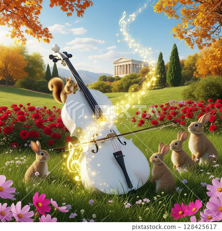 夢幻森林景觀插圖，有大提琴、松鼠和兔子夢幻般的秋葉景觀兔子和松鼠 128425617