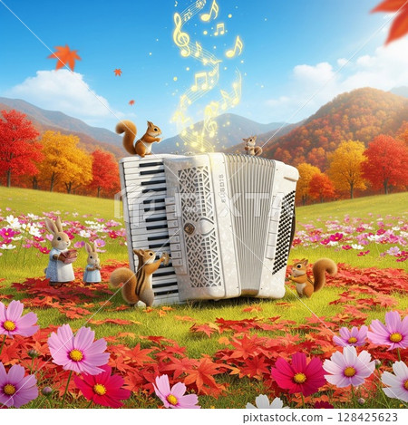 夢幻森林風景插畫，配有手風琴、松鼠和兔子夢幻般的秋葉風景兔子和松鼠 128425623
