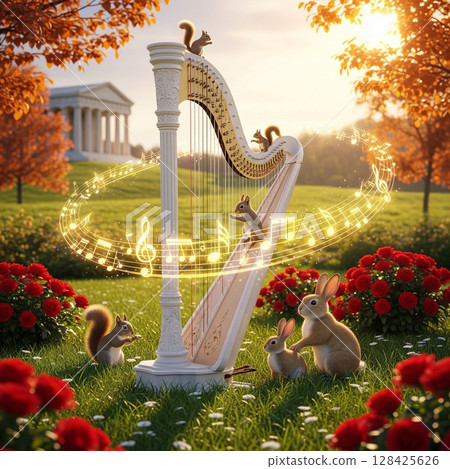 奇幻森林風景插畫,有豎琴、松鼠和兔子,夢幻般的秋葉風景,兔子和松鼠 奇幻森林風景插畫,有豎琴、松鼠和兔子,夢幻般的秋葉風景,兔子和松鼠 128425626