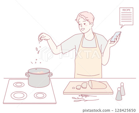 A passionate cooking enthusiast diligently follows a detailed recipe in the kitchen 128425650