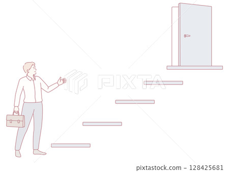 A businessman confidently carries a briefcase and strides towards a door with determination A businessman confidently carries a briefcase and strides towards a door with determination 128425681