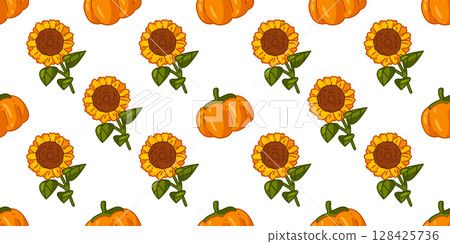 Sunflowers and Pumpkins Seamless Pattern 128425736