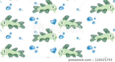 Seamless Green Fish Bubbles Pattern 128425743