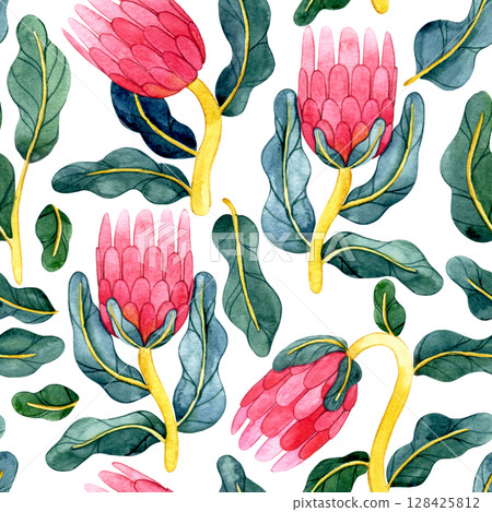 seamless pattern of protea flowers in retro style. watercolor illustration, abstract shapes 128425812