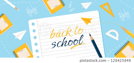 Back to School Banner with Notebooks and Stationery on Blue Background Vector Illustration. Back to School Banner with Notebooks and Stationery on Blue Background Vector Illustration. 128425849